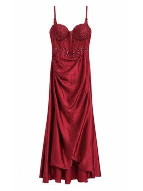 Red Maxi Gown With Lace-Up Corset Beaded Detailing Adjustable Straps And Zipper